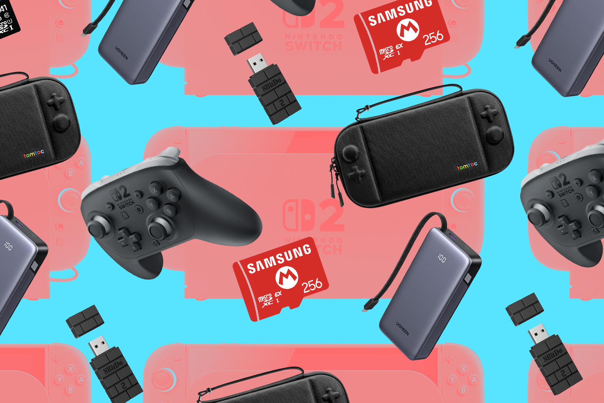 A collage consisting of a Switch 2 Pro controller, Samsung 256GB microSD Express card, 8BitDo’s USB Adapter 2, a Ugreen power bank, and a tomtoc zip-up case, all set on a background of the Switch 2 on a dock.