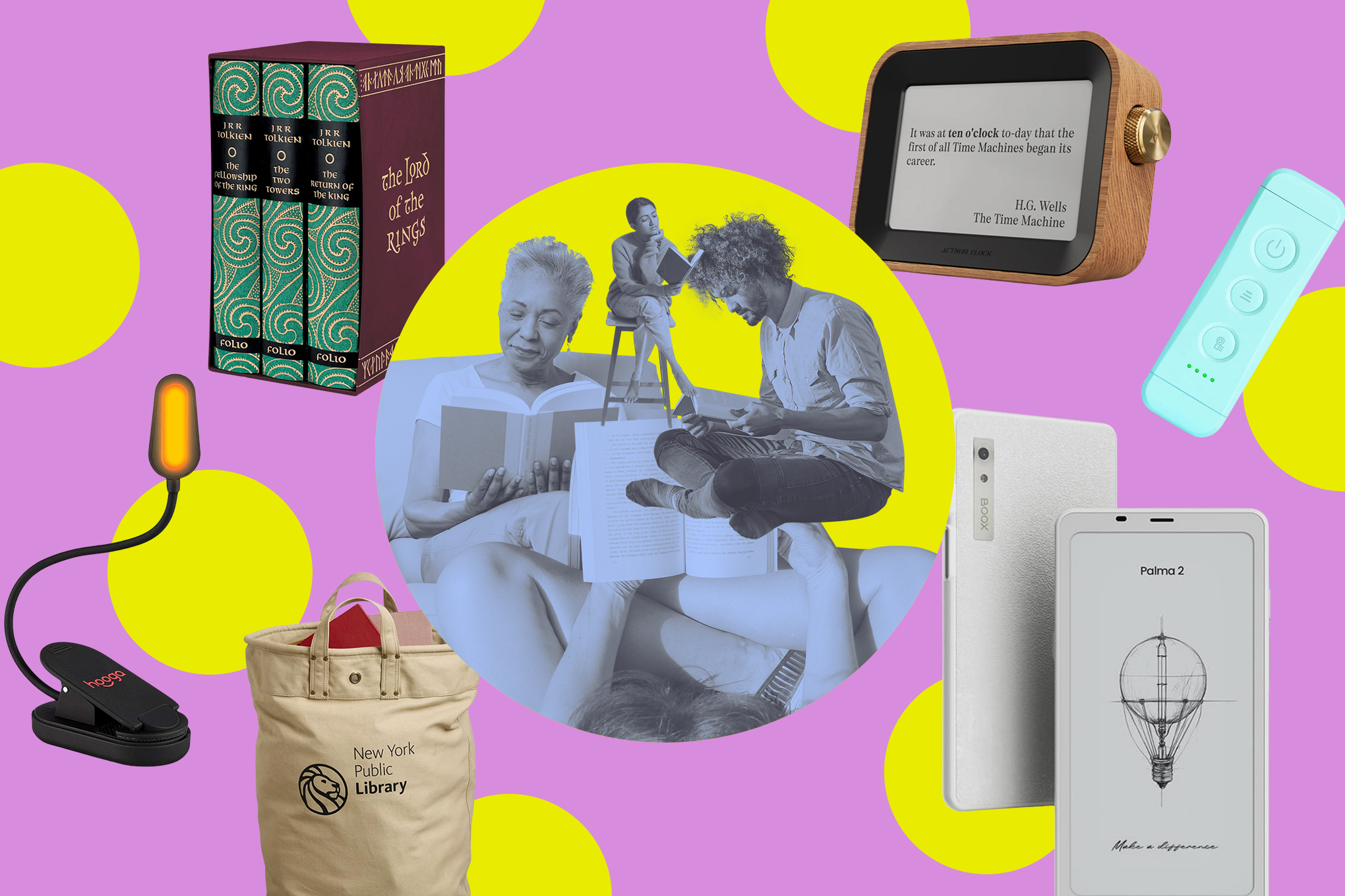 Book lights, e-readers, books, tote bags, and other products surrounding people reading.