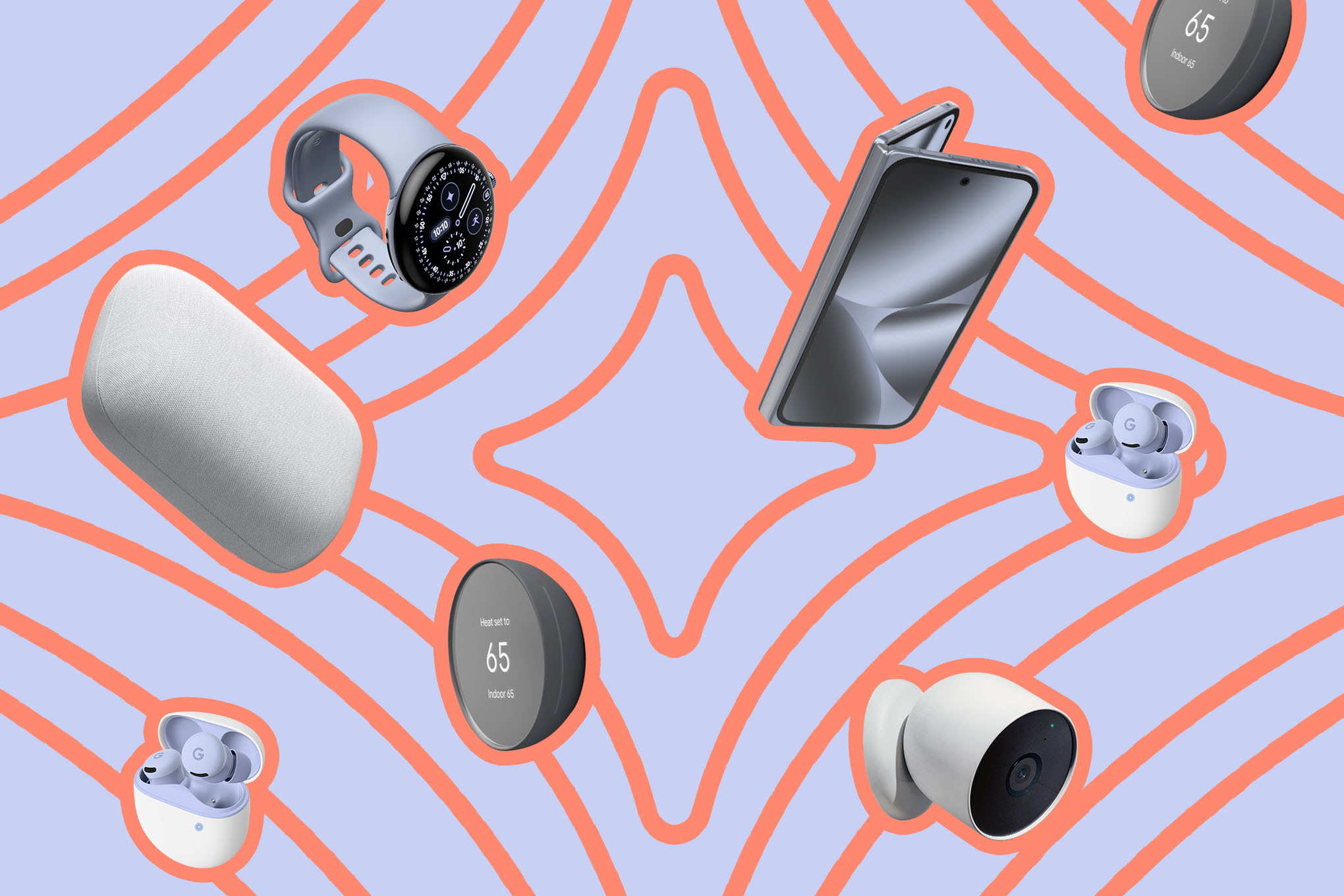 Multiple Google products including buds, nest devices, pixel watch, and buds with a geometric gemini AI line symbol in coral against a periwinkle background.