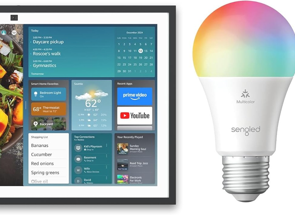 An Echo Show 15 and a Sengled smart bulb.