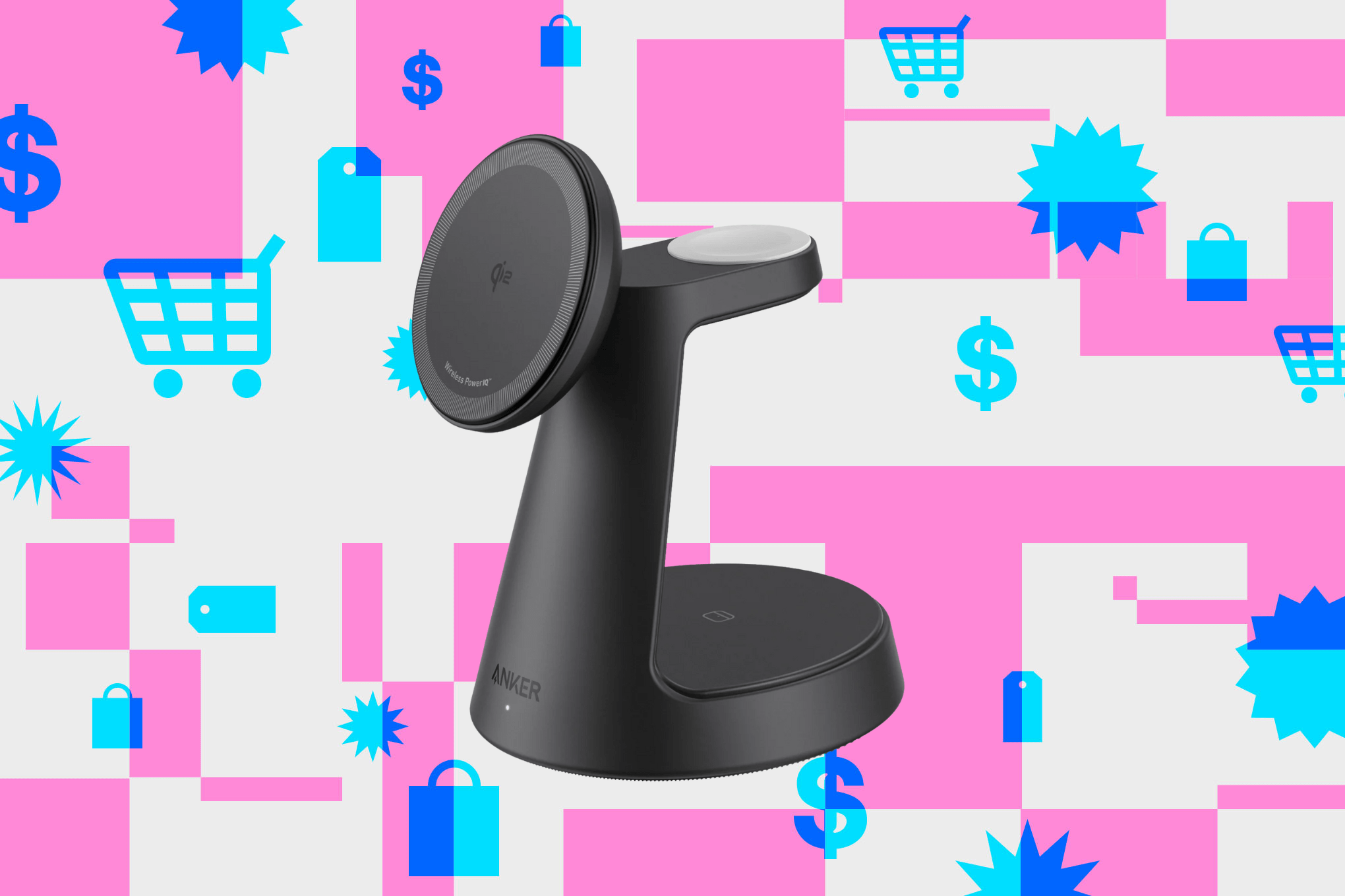 A cutout of Anker’s MagGo Wireless Charging Station against a pink and light blue backdrop.
