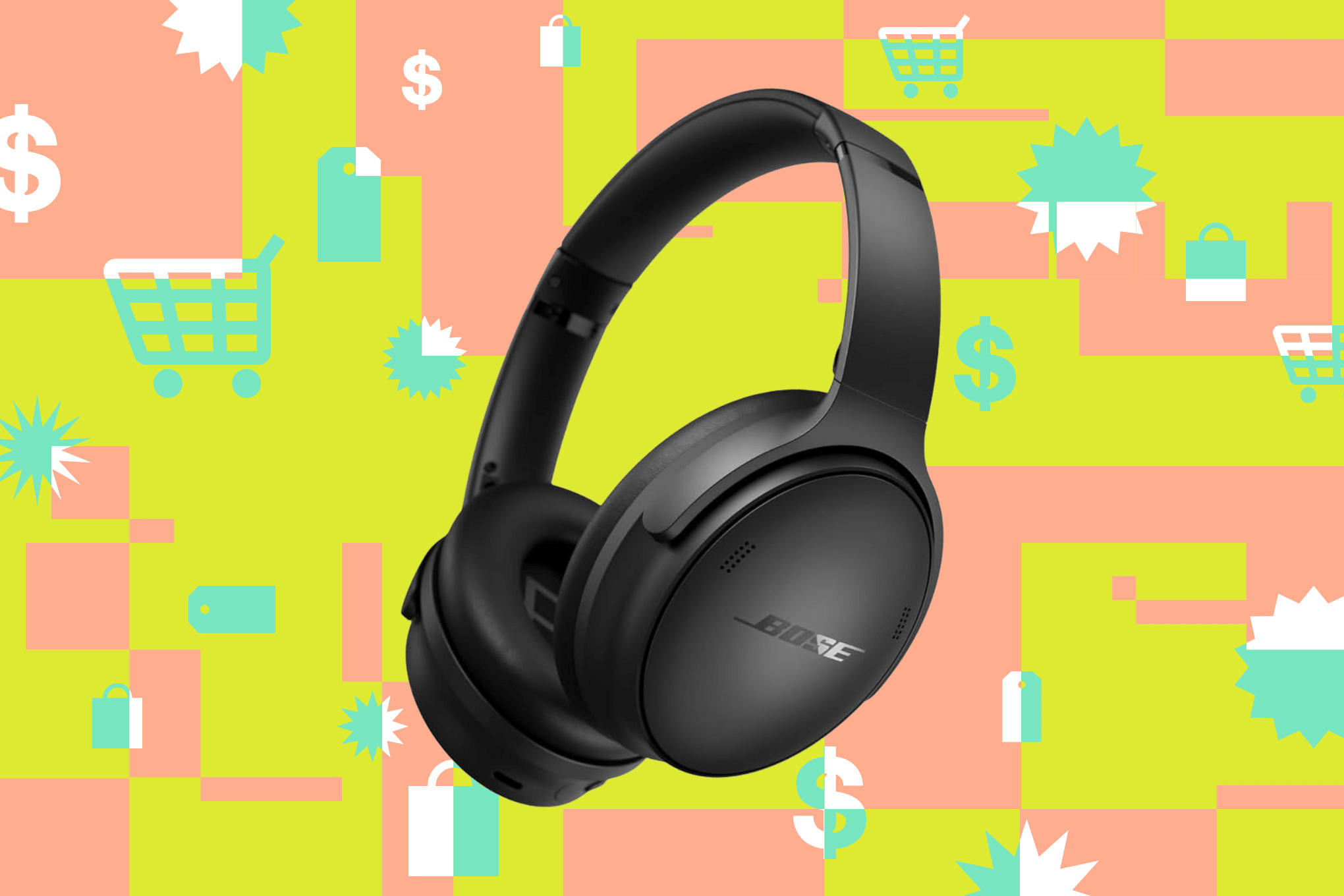 The Bose QuietComfort Headphones floating on an illustration background.