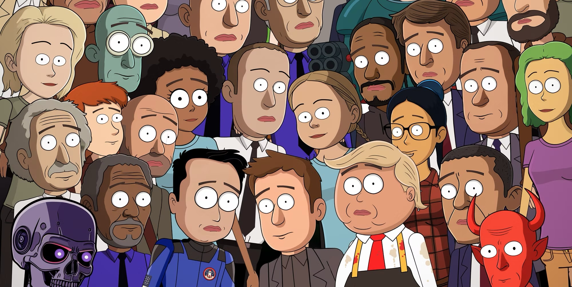 A collection of illustrated faces that all resemble various celebrities. The faces are huddled together and looking at the viewer with wide eyes.