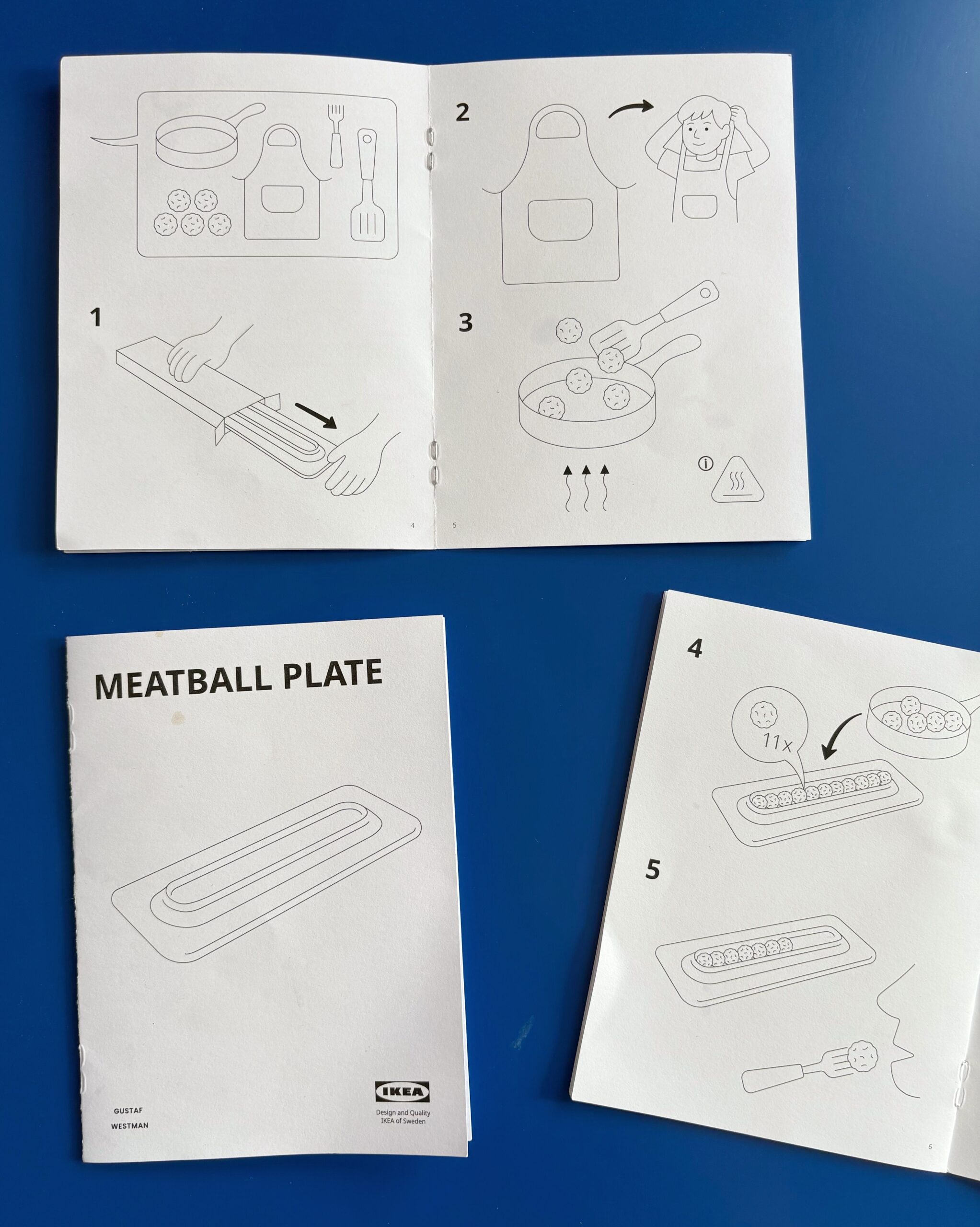 A photograph of the instruction manual for the meatball plate Ikea designed with Gustaf Westman.