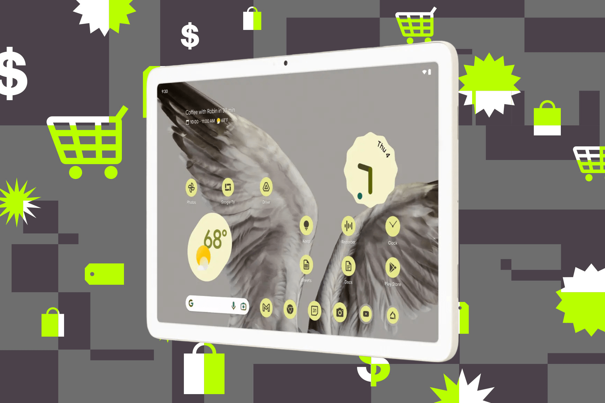 A Google Pixel tablet is shown on an background consisting of shopping cart, price tag, and cash symbols.