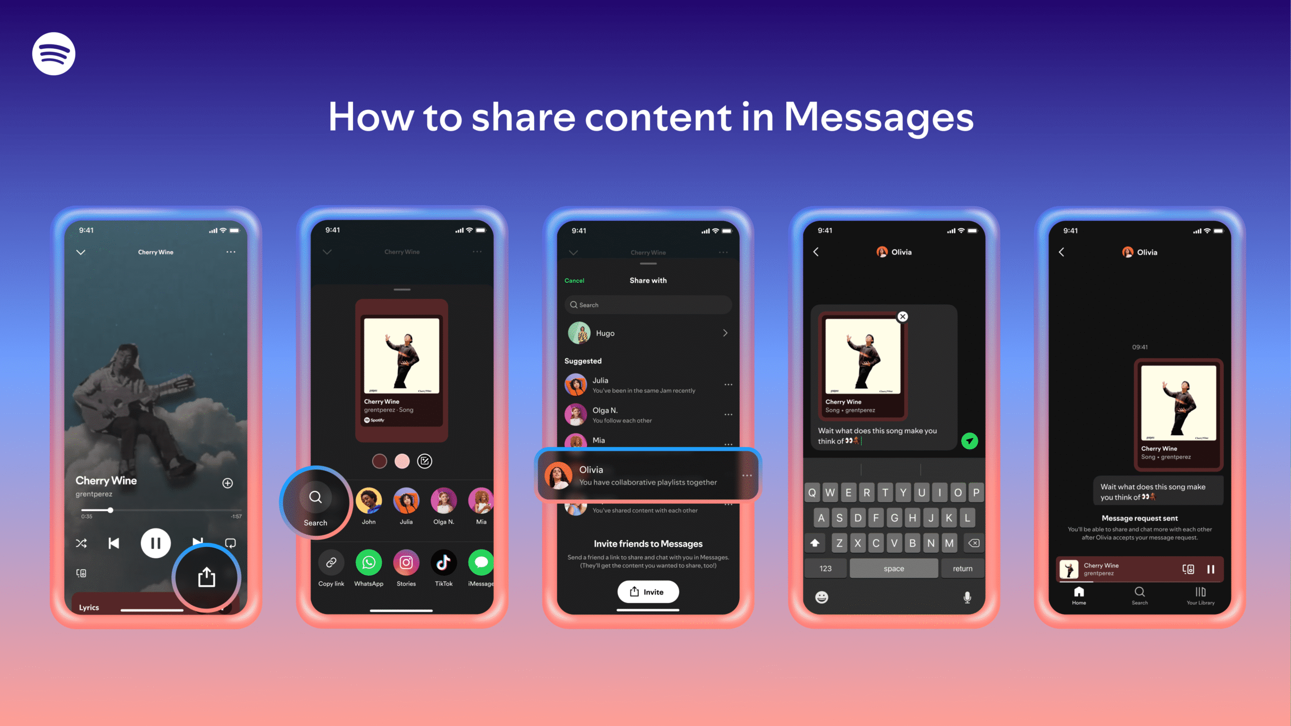 A guide for how to share message directly in Spotify.