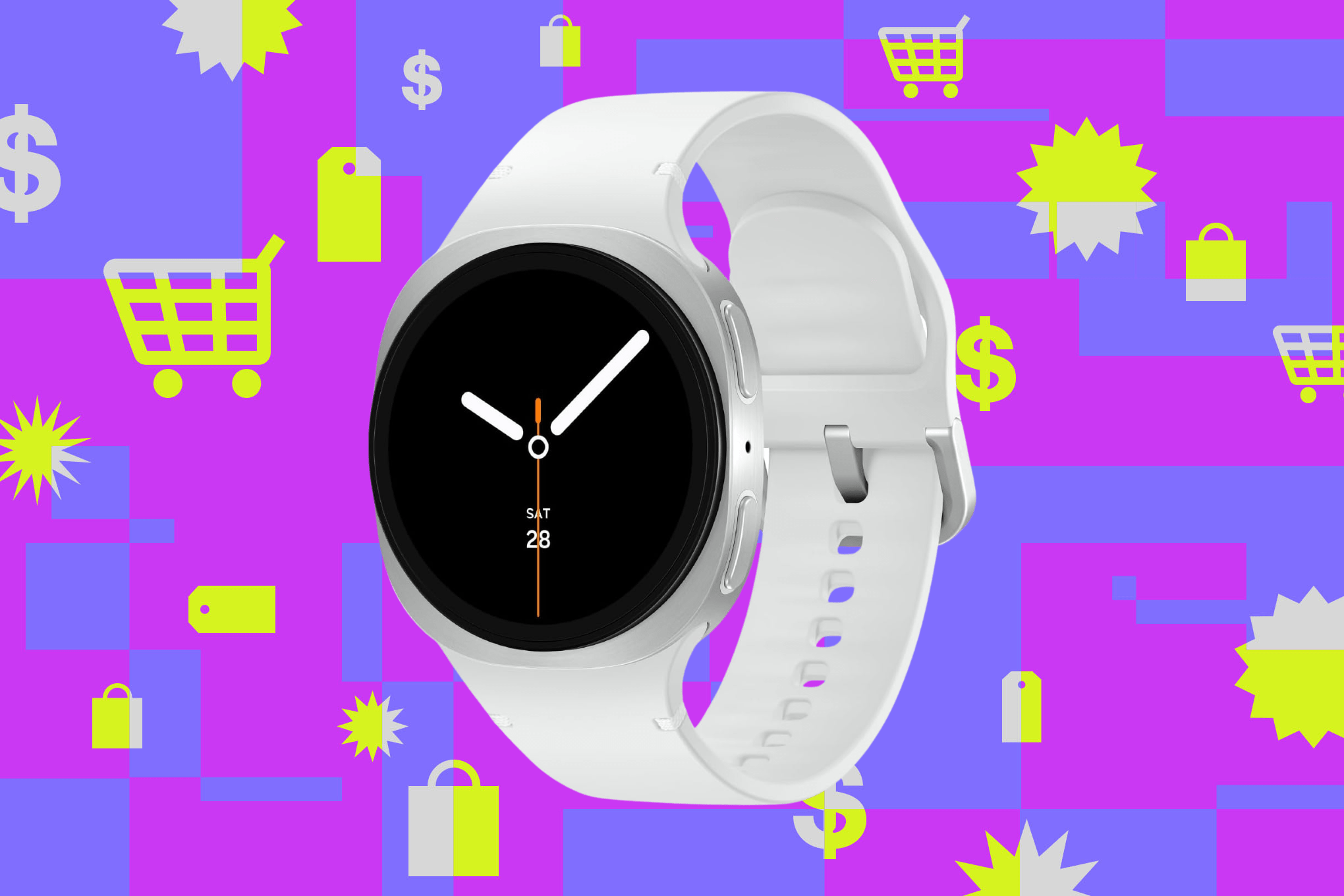 The Samsung Galaxy 8 Smartwatch on a purple and pink background.