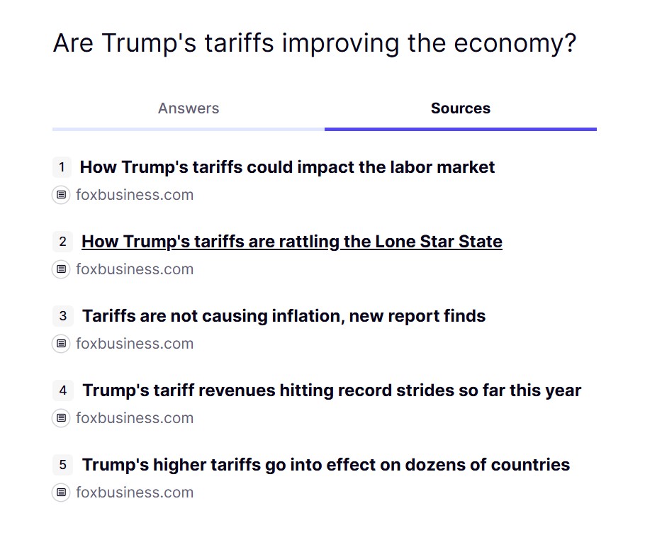 A screenshot taken of Truth Social’s Truth Search AI tool showing five links to Fox Business. A screenshot taken of Truth Social’s Truth Search AI tool showing five links to Fox Business.