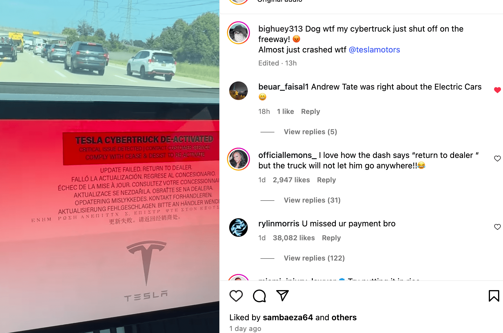 screengrab of Instagram video of deactivated Tesla Cybertruck viral video