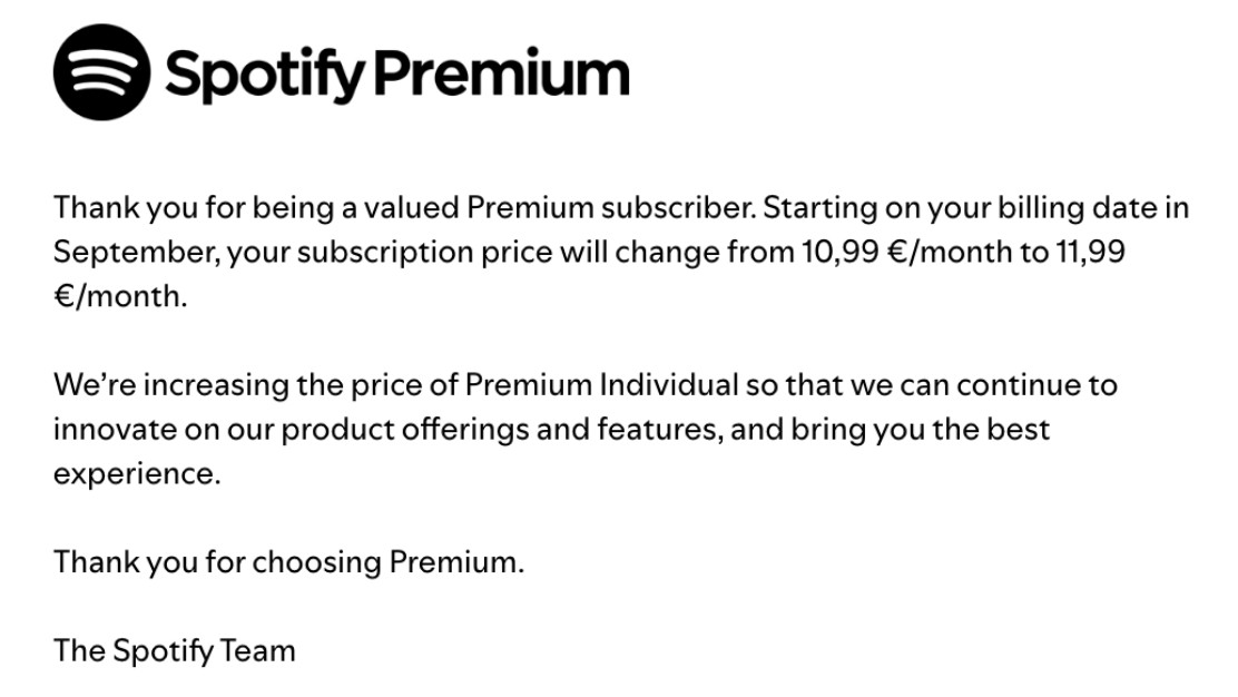 A screenshot of a Spotify customer email showing a €1 monthly increase. A screenshot of a Spotify customer email showing a €1 monthly increase.