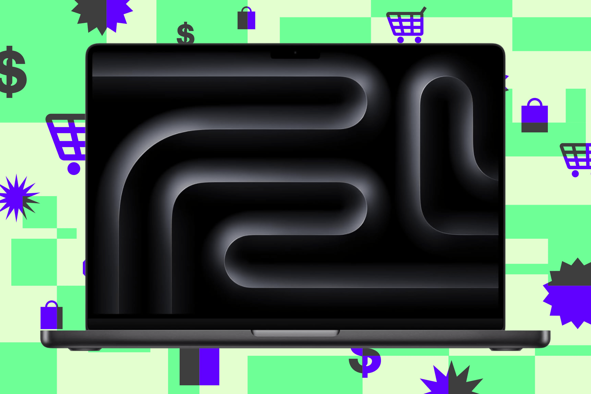 The MacBook Pro 14 (2025, M4) on a green and purple background. 