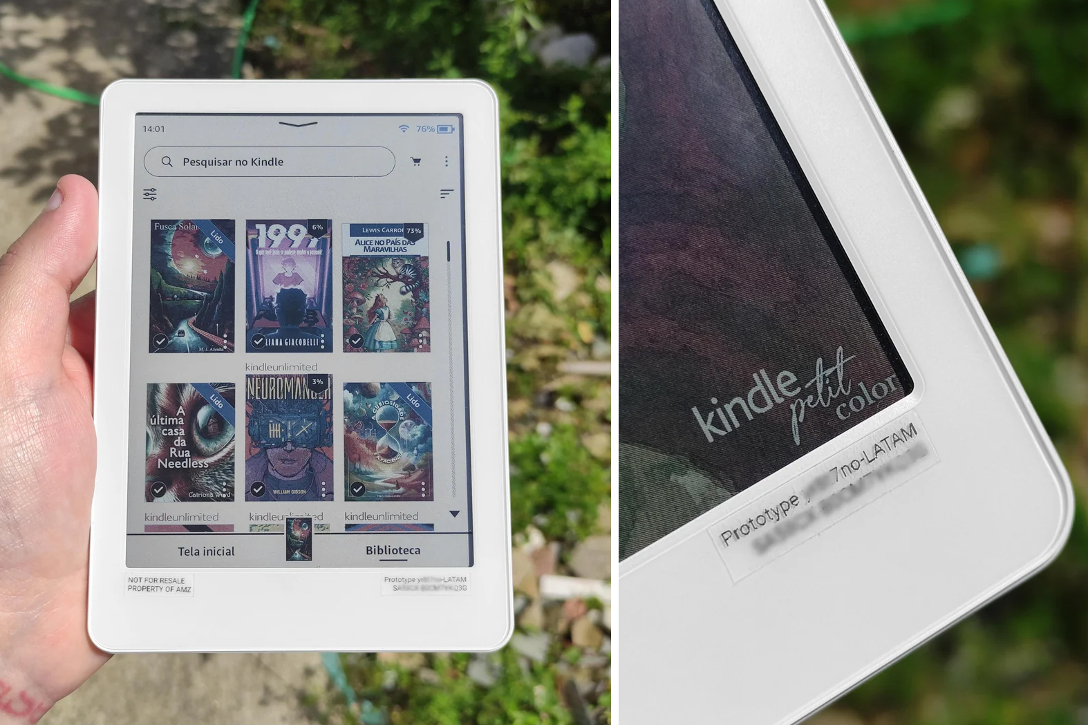Two images of what’s claimed to be a prototype Amazon Kindle device with a color screen.