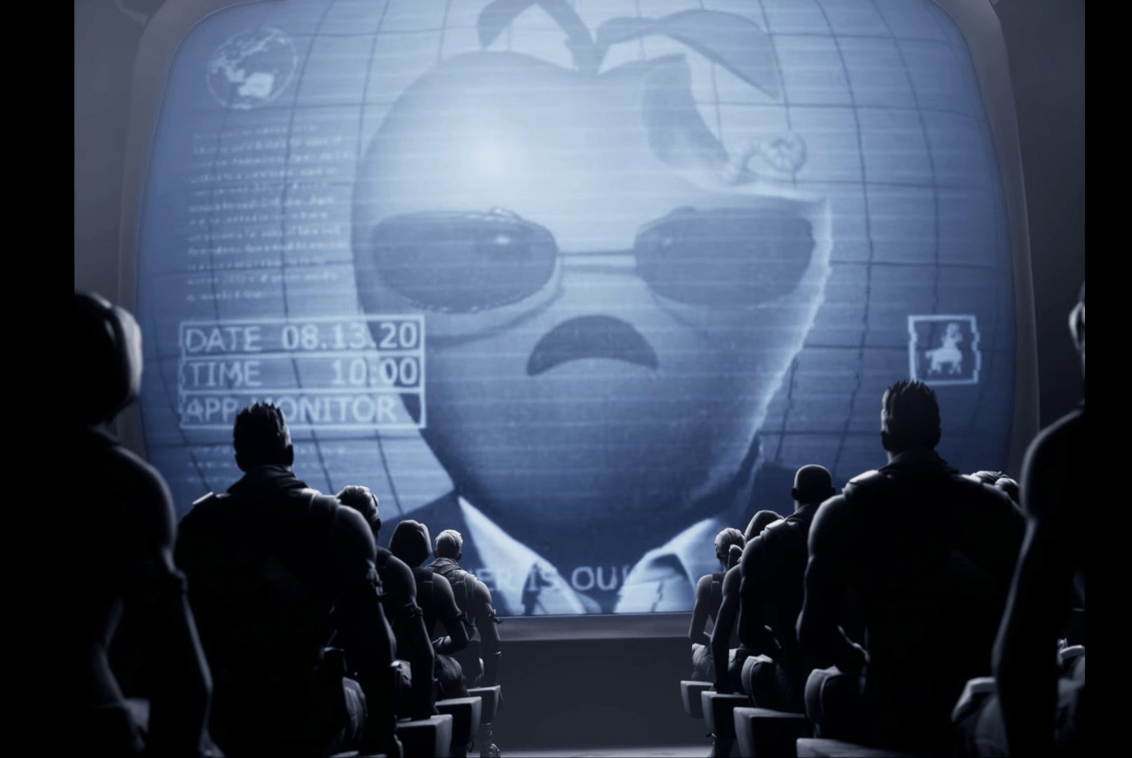 An image from Epic Games showing a humanoid Apple on a big screen.