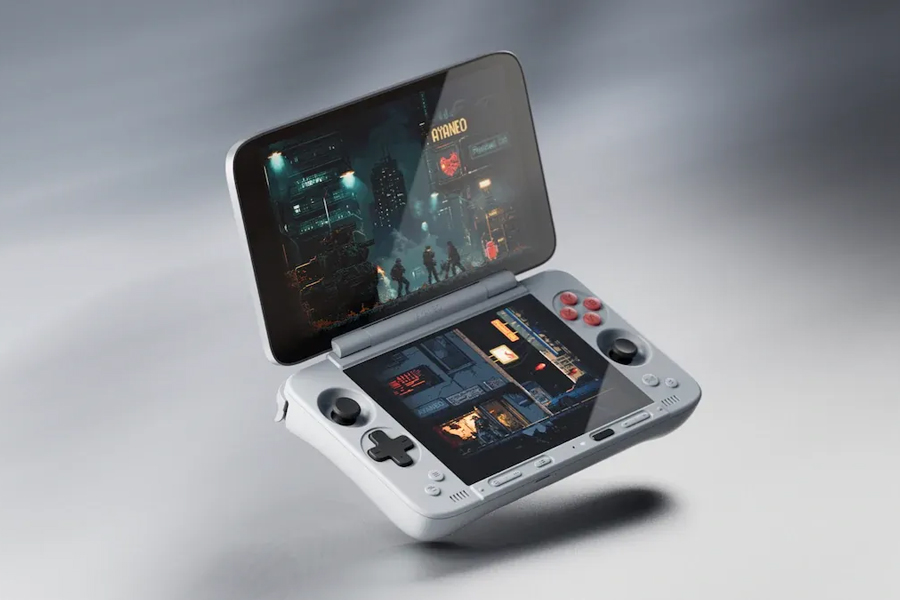 The Ayaneo Pocket DS handheld pictured in a retro gray color option.