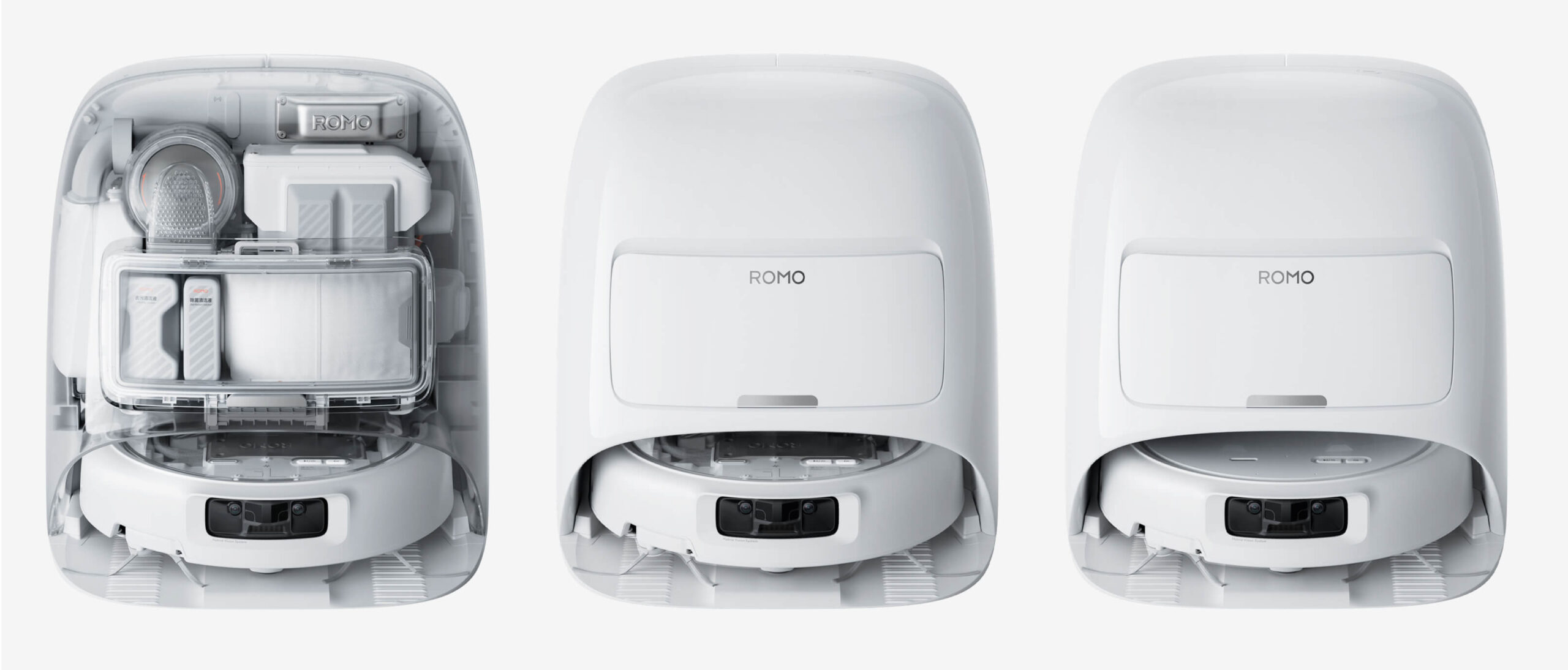 The three versions of the DJI Romo robovac lined up next to each other.