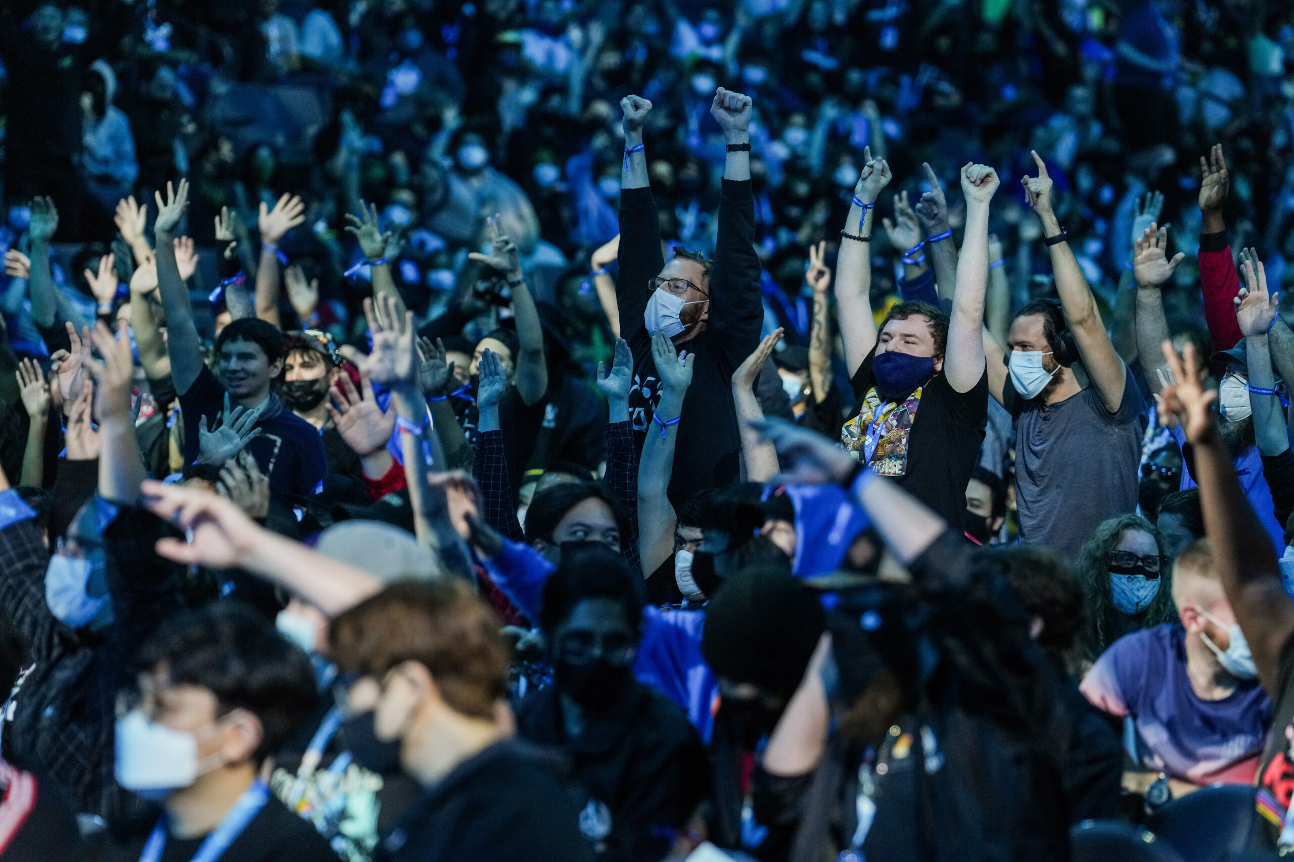 LAS VEGAS, NEVADA – AUGUST 07: Fans watch the EVO 2022 Tekken 7 tournament at Mandalay Bay Resort and Casino on August 07, 2022 in Las Vegas, Nevada. (Photo by Joe Buglewicz/Getty Images)