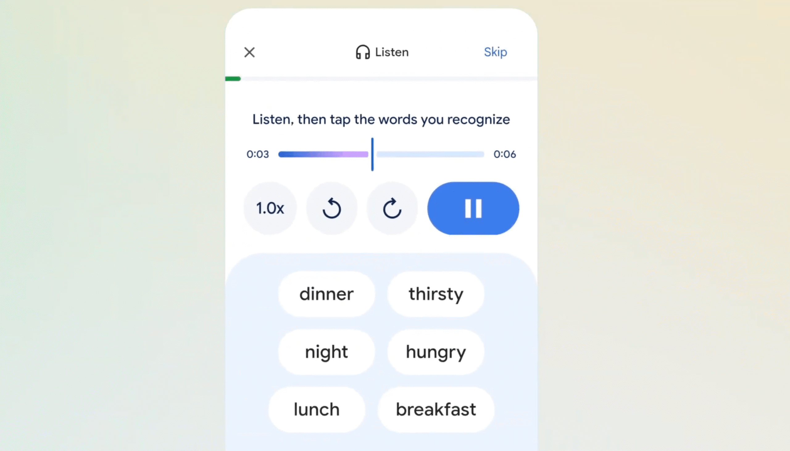 An image showing a lesson in the Google Translate app.
