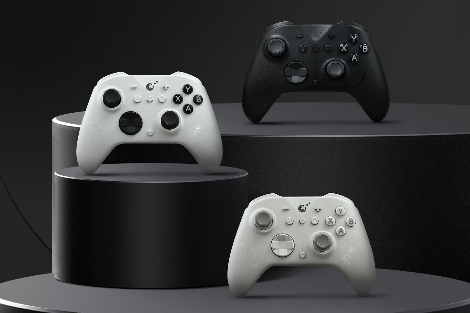 GuliKit’s ES and ES Pro controllers arranged on round black pedestals.