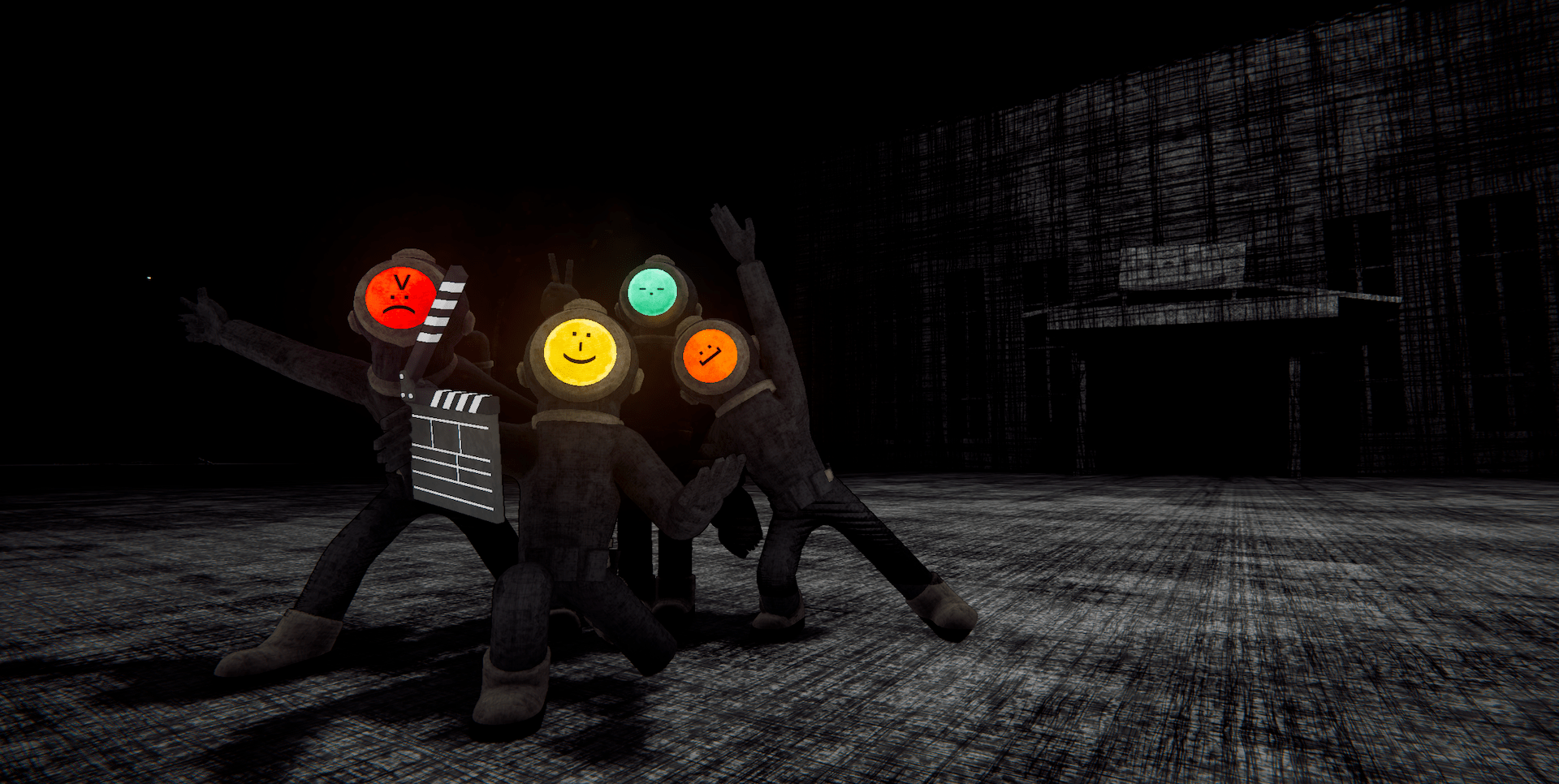 Screenshot from Content Warning featuring four humans in diving suits with different-colored face plates posing infront of a movie action placard in a dark, haunted space.