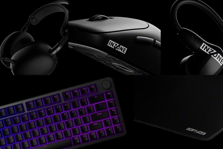An image showing all of Sony’s new InZone PC gaming accessories in one collage, including its H9 II headset, the E9 headset, the keyboard, the Mouse-A, and a mousepad.