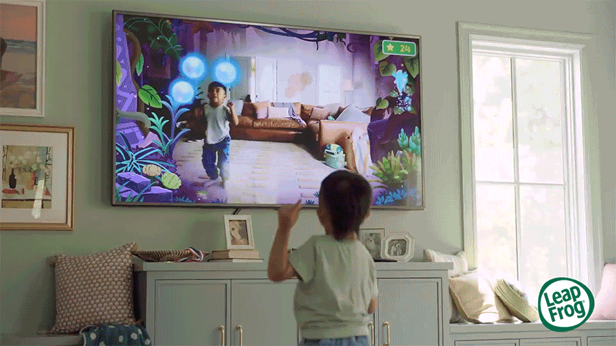 Short video clips of active kids playing games on the LeapFrog LeapMove.