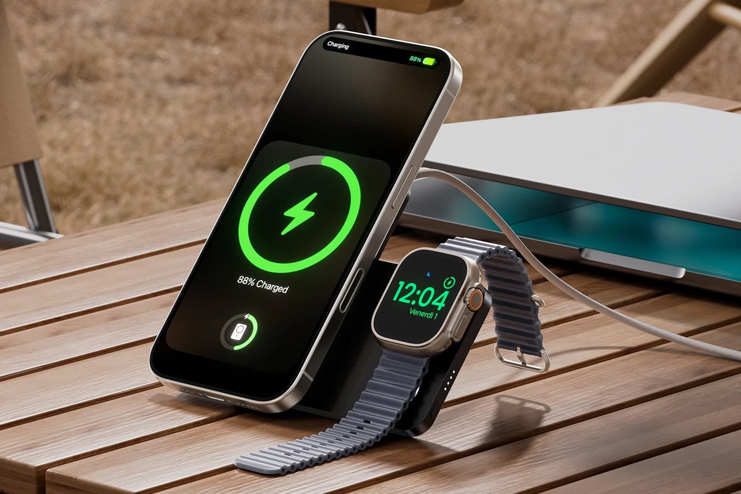 An iPhone and an Apple Watch charging on a MagSafe power bank at the same tie while sitting on an outdoor wooden table.