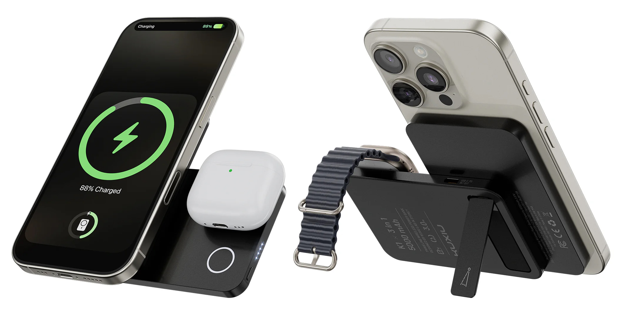 Two images showing an iPhone being charged alongside an Apple Watch and AirPods charging case.