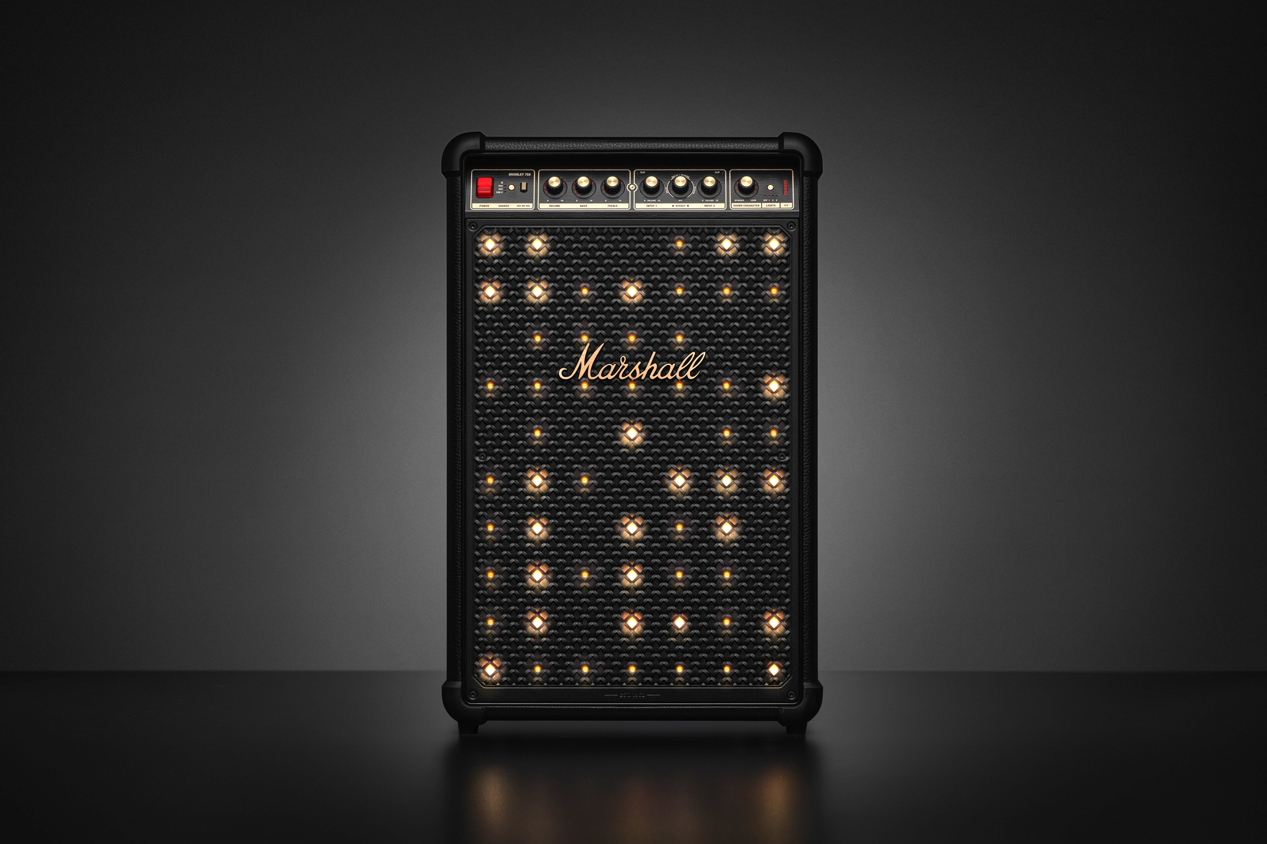 The Marshall Bromley 750 party speaker with its party lighting activated.