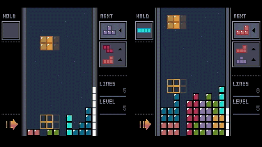 A short video clip showing a head-to-head game of ModRetro’s Tetris.