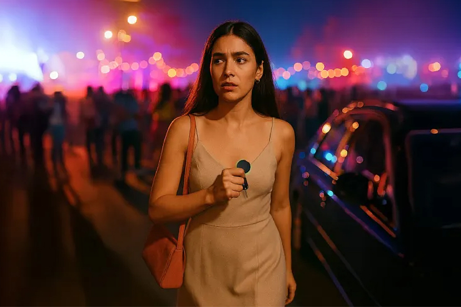 A person at a concert with a concerned look on their face is pressing a button on a Pebblebee Clip tracker.