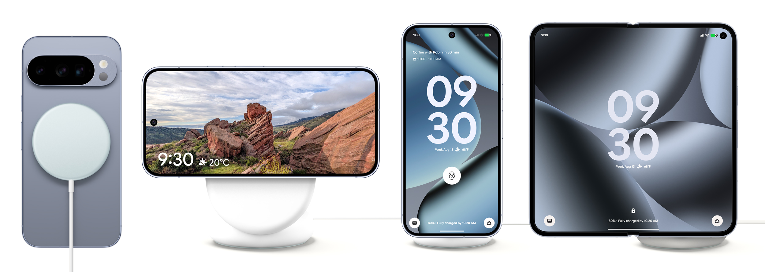 Several images of Google Pixel devices connected to a magnetic charger and stand.