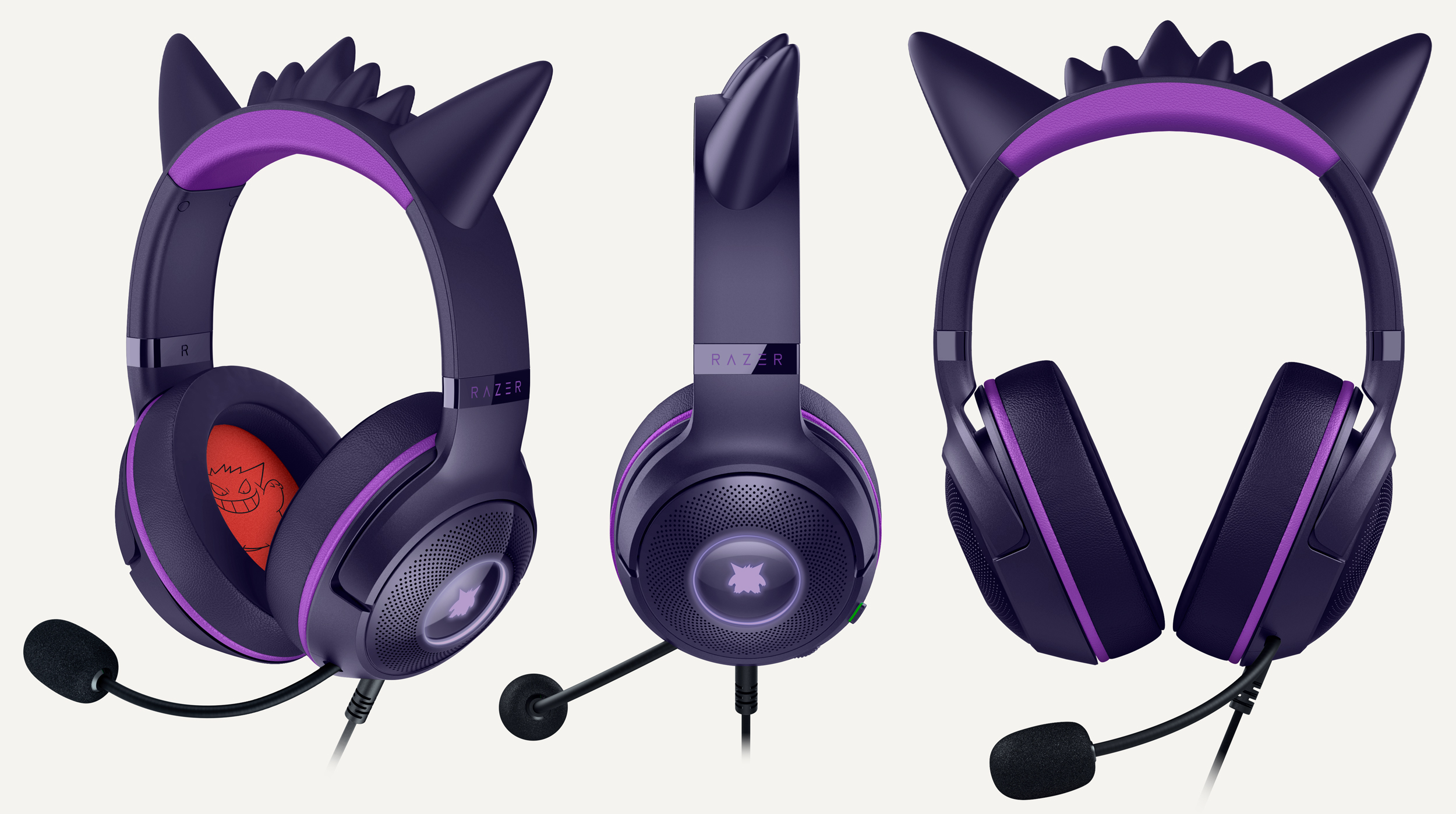 Razer’s Gengar Edition headphones pictured from three different angles.