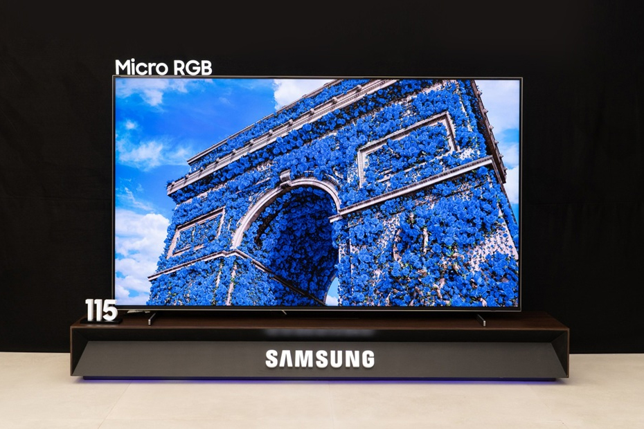 A Samsung Micro RGB TV showing a landmark adorned in blue accents.