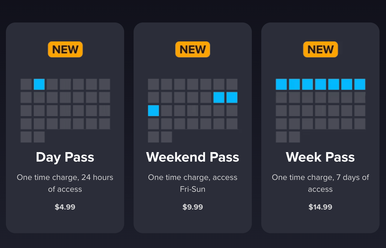 An image showing Sling TV’s day, weekend, and week passes