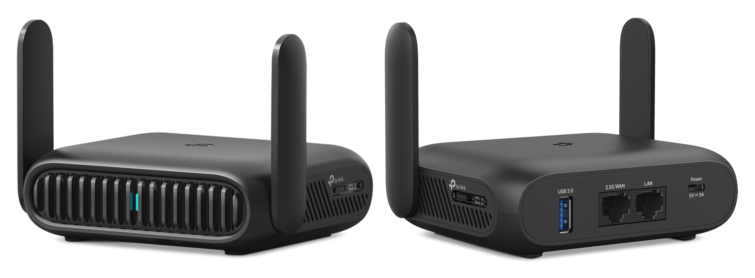 TP-Link’s Wi-Fi 7 travel router pictured from the front and back.