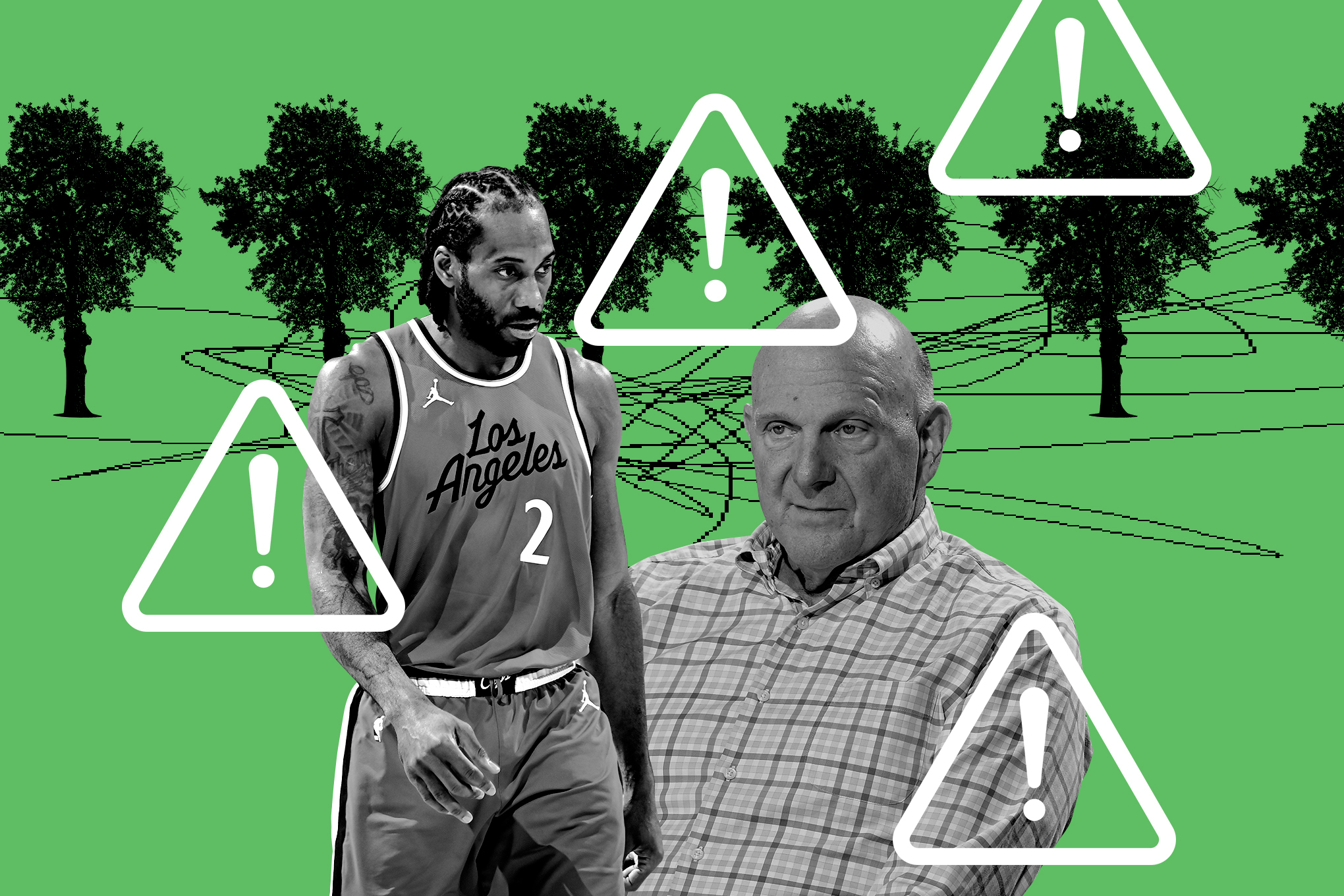 Art depicts Kawhi Leonard and Steve Ballmer against a green background with trees and exclamation points.