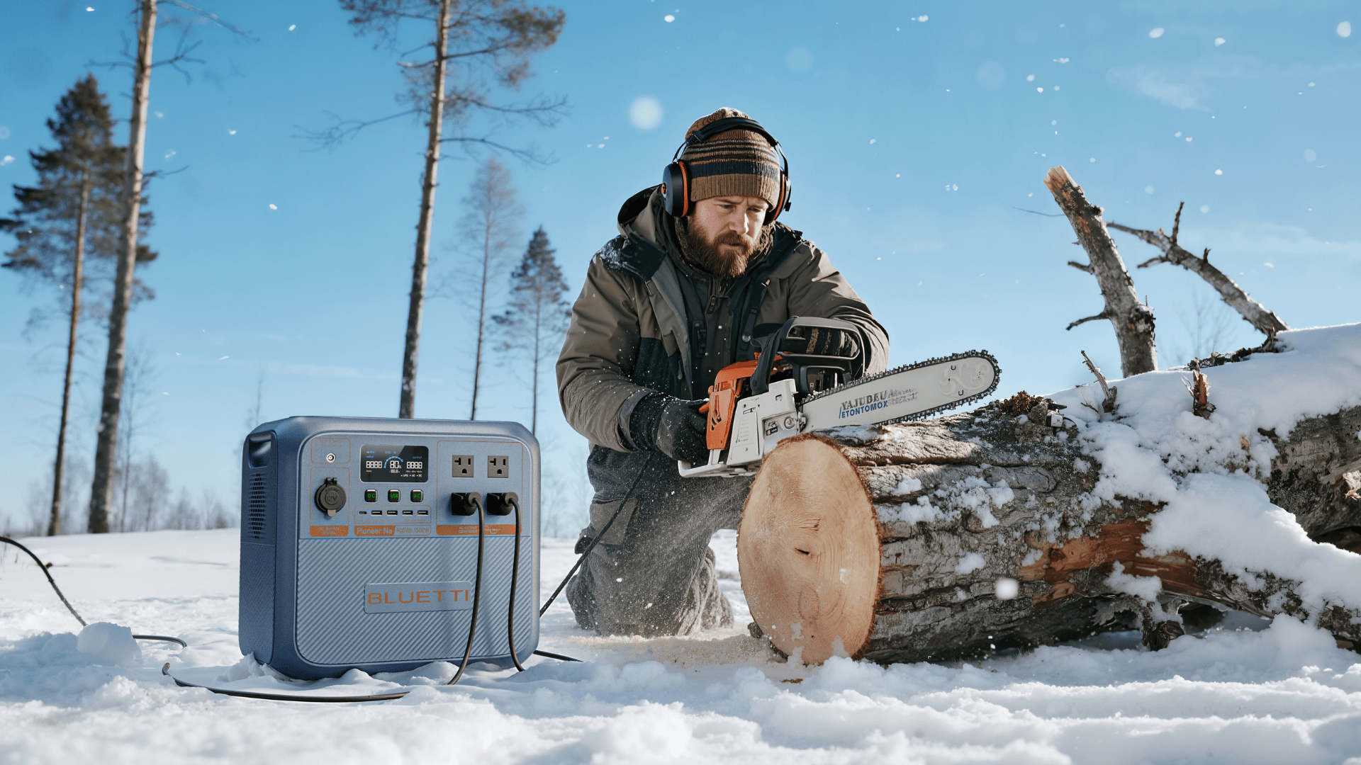 A man stands in the snow with this chainsaw plugged into the Bluetti Pioneer Na power station as he saws through a tree. Tall pints and cloudless sky are in the expansive background.