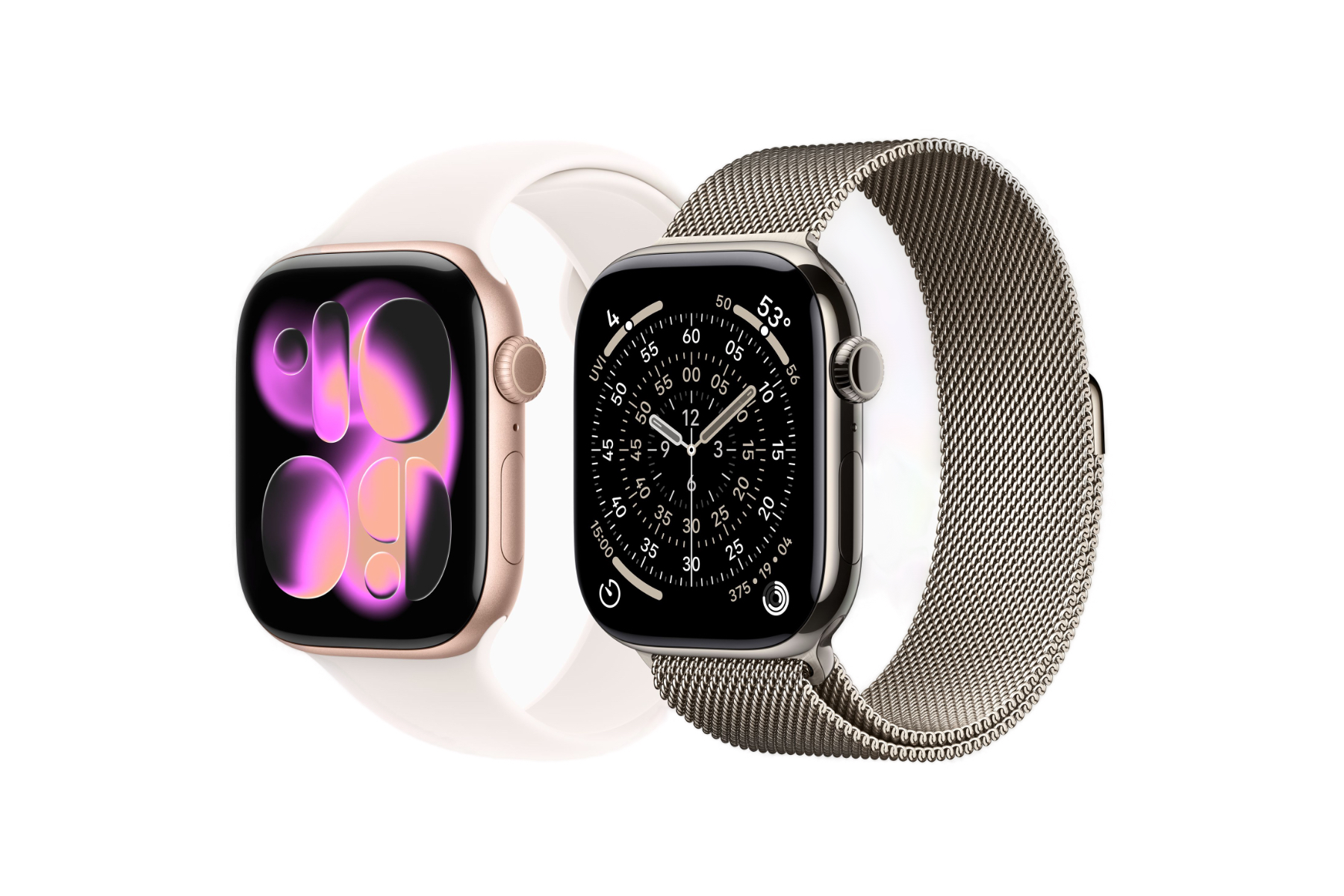 An image showing two color schemes of the Apple Watch Series 11, each with different watch bands.