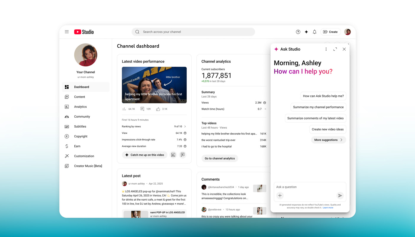 Ask Studio is an AI chatbot that creators can use to ask analytics questions about how their content is performing