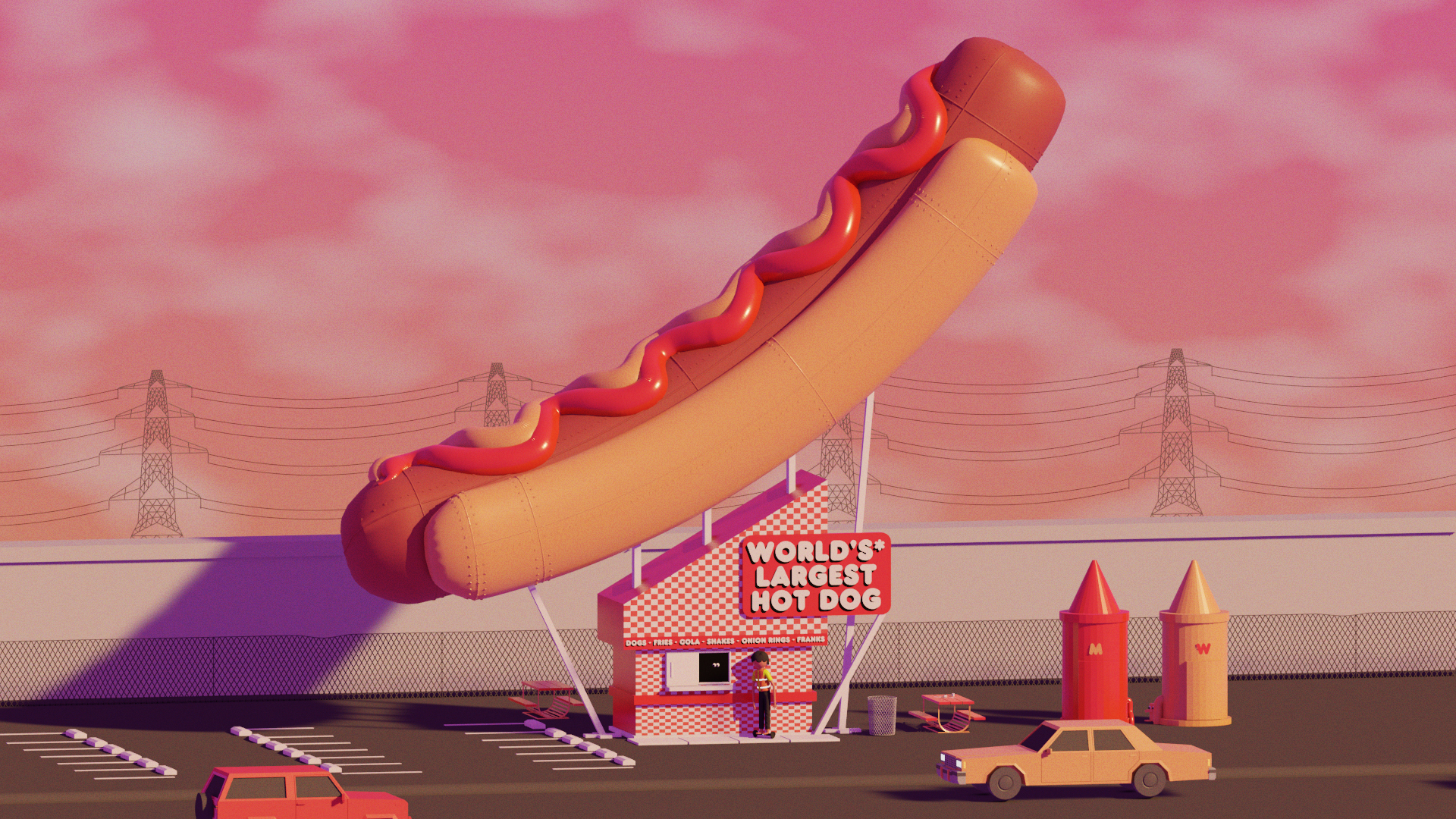 A still from Boys Go to Jupiter depicting a hot dog stand in an empty parking lot. Above the stand is a gargantuan hot dog in a bun that’s almost as long as the parking lot.