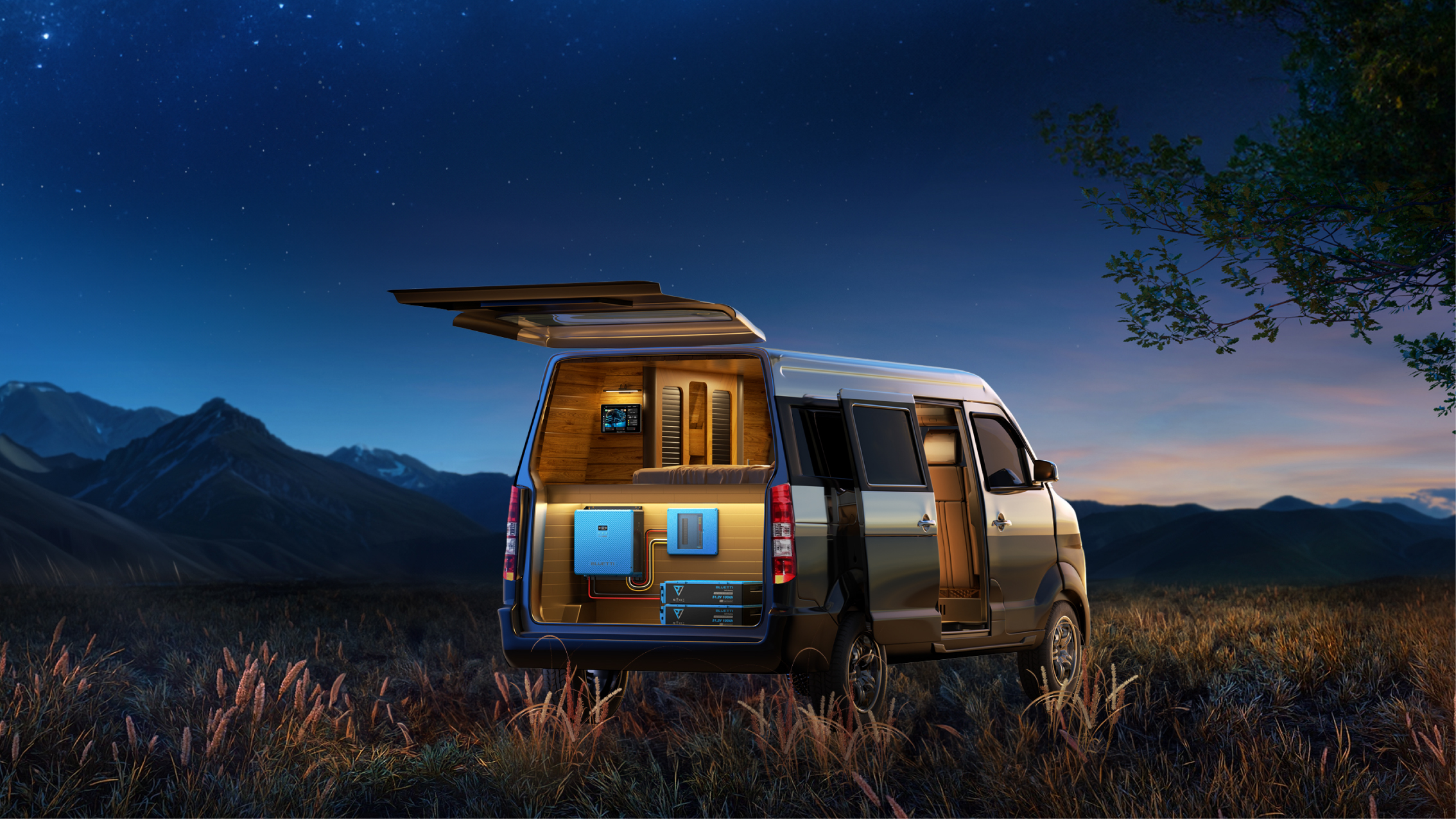 A van parked with its back tailgate open in a remote landscape, with the Bluetti RVSolar System components visible within.