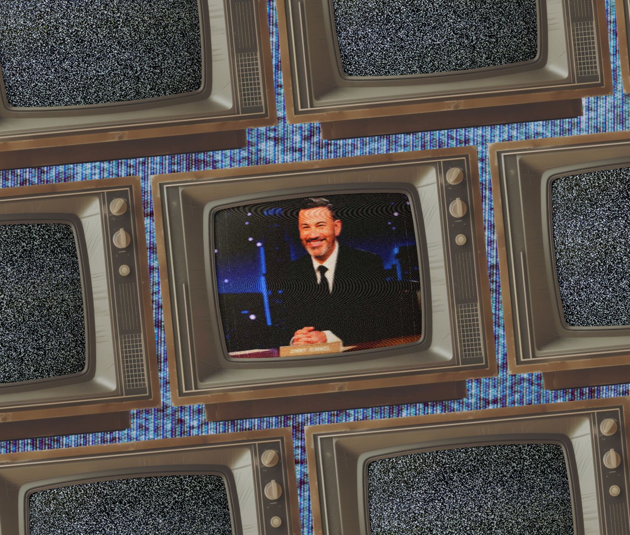 An illustration depicting an array of tube televisions. One television screen shows a distorted image of Jimmy Kimmel while all of the other screens show TV static.