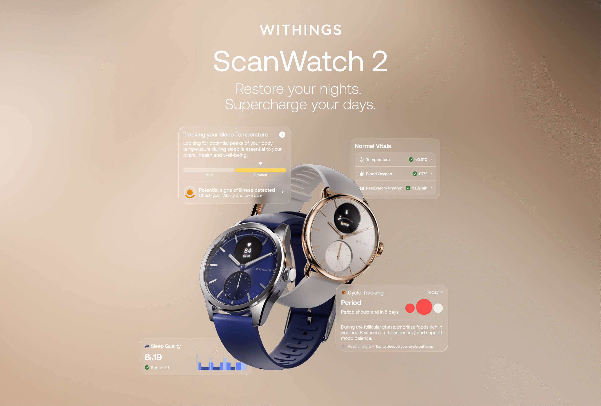 promotional image of the new Withings ScanWatch 2 variants in blue and silver with overlays of the new AI insights and features.