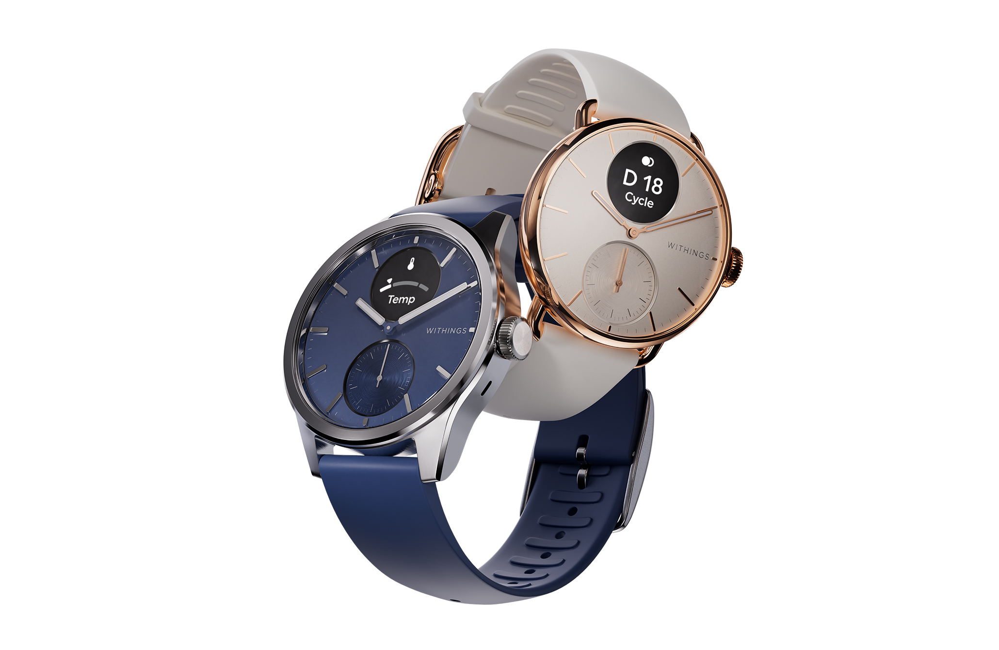 promotional image of the new Withings ScanWatch 2 variants in blue and silver 