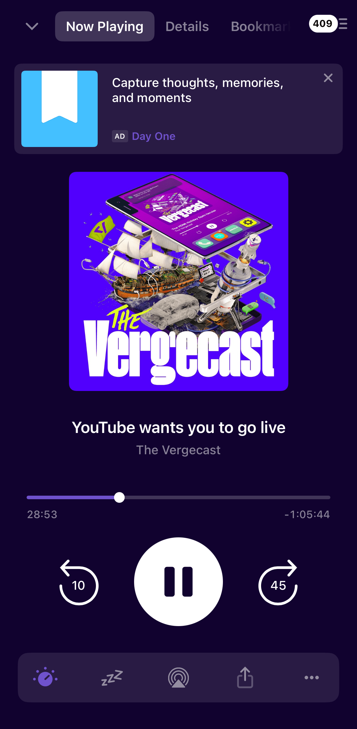 A screenshot of the Pocket Casts app showing a banner ad.