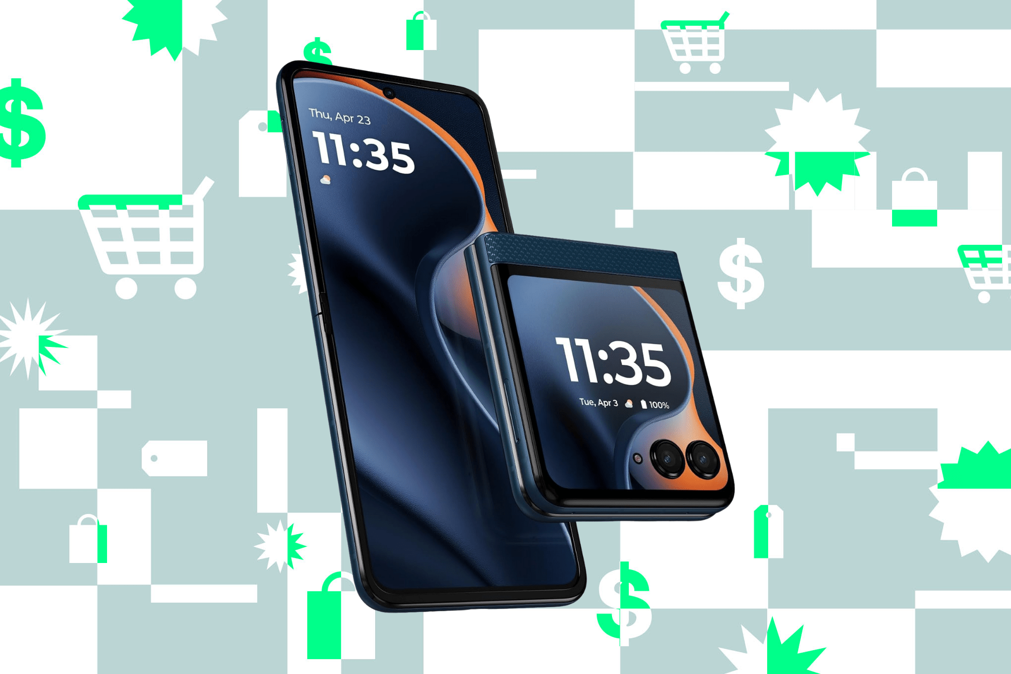 An image of the 2025 Motorola Razr against an illustrated gray and green background.