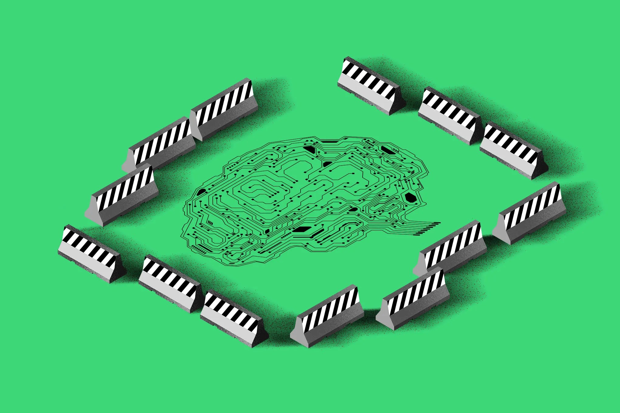 Construction blockades circling a brain on a green background