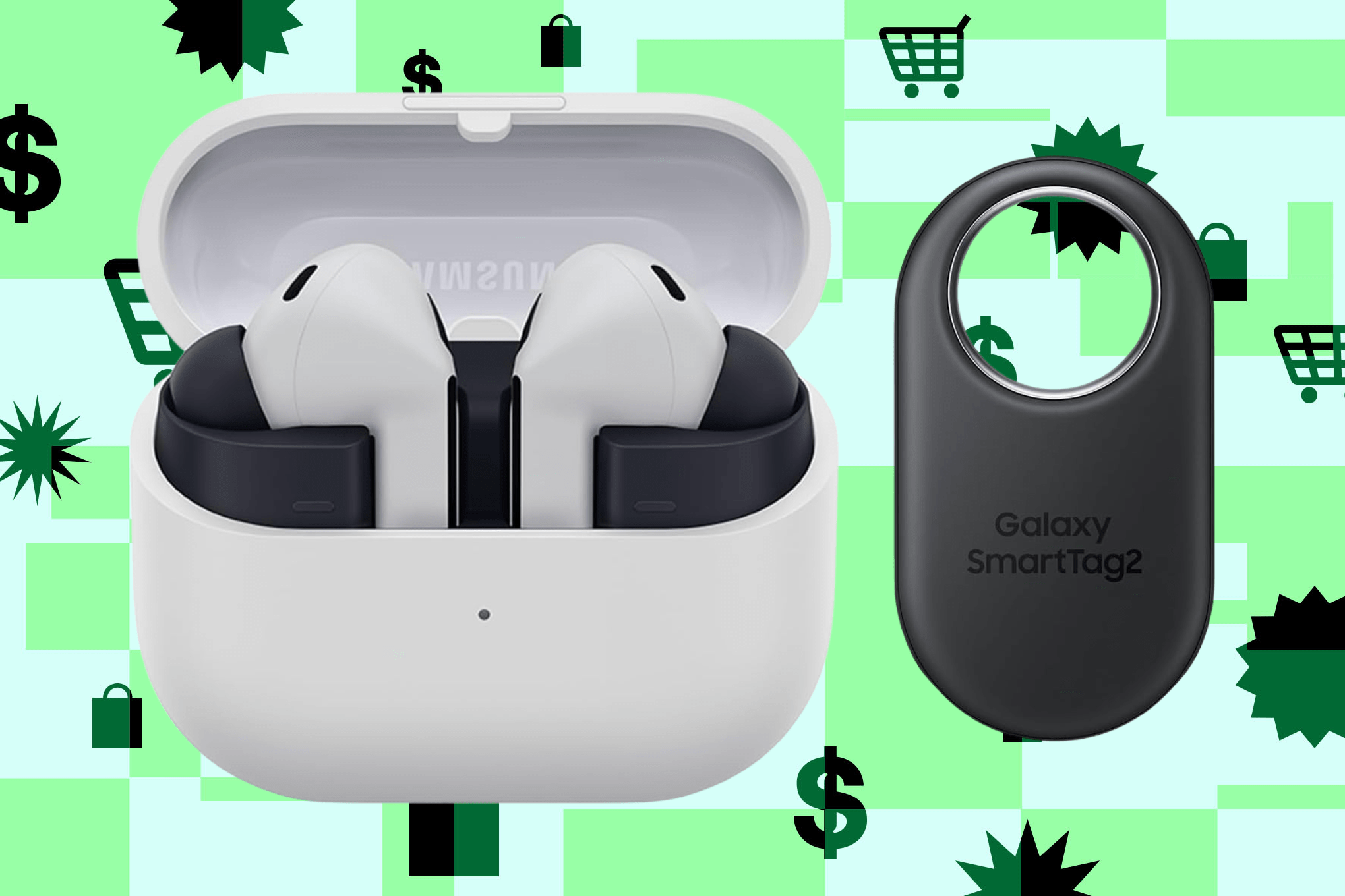Samsung’s Galaxy Buds 3 FE and Galaxy SmartTag2 on a green background.