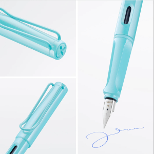 Three parts of a pen shown in three different shots: the top, the front, and the nib