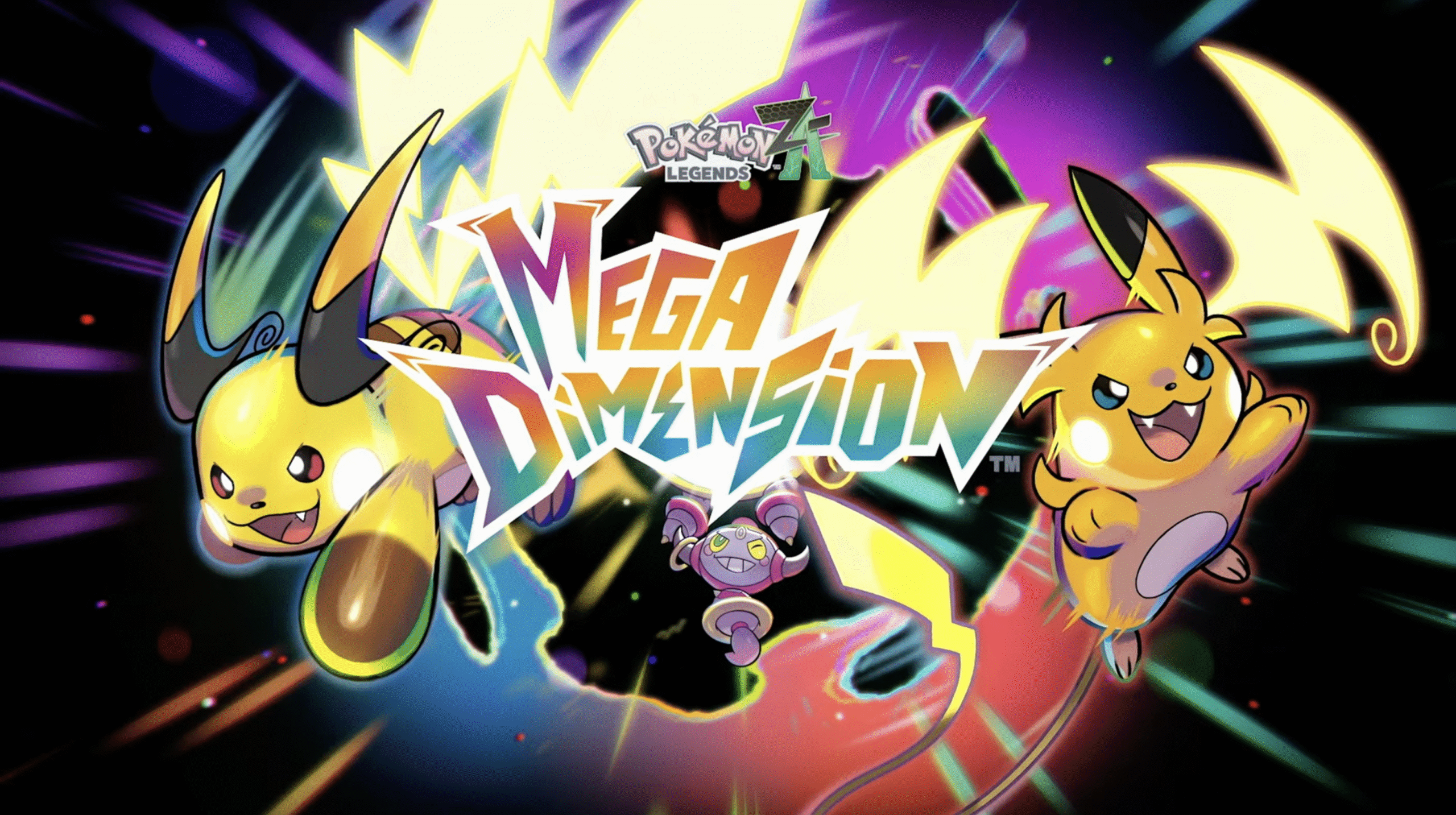 Promotional art for Pokémon Legends Z-A’s Mega Dimension DLC delicting Mega Raichu X and Y.